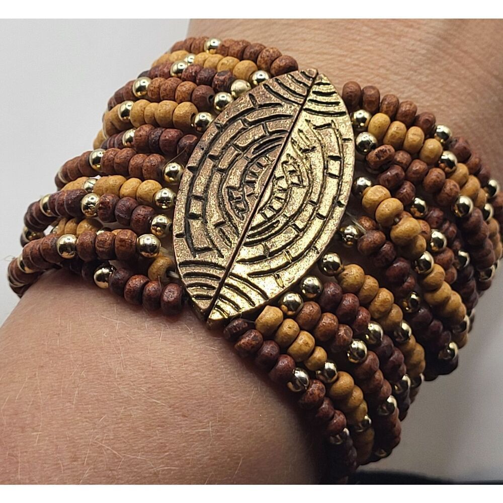 Bohemian Wooden Norse Amulet Stretchy Bracelet 7in